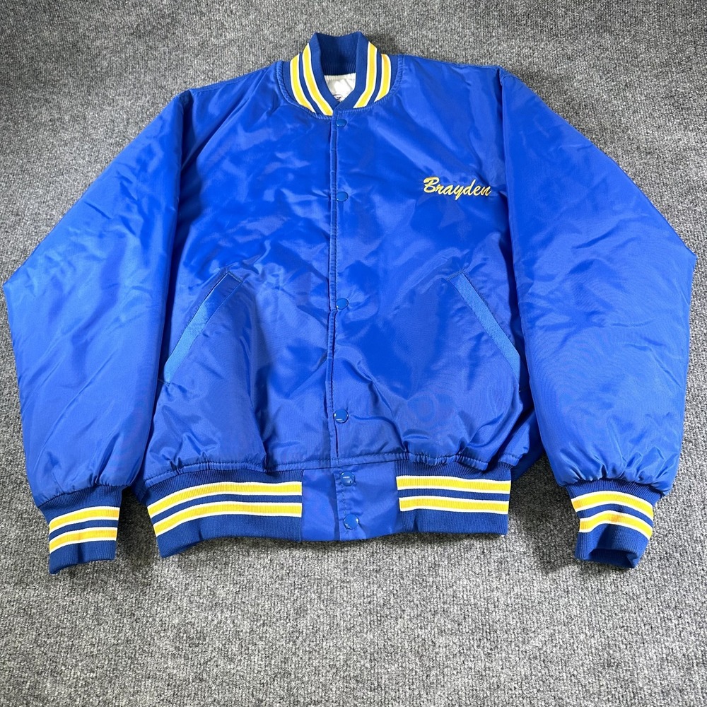 Vintage Game Sportswear Bomber Jacket Men's Medium Blue Satin Made in USA 90s